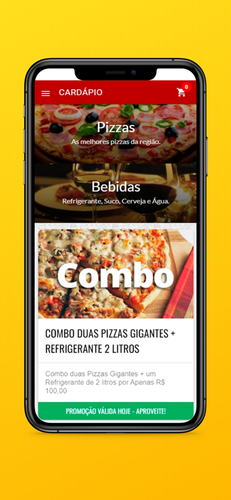 TelePizza do Ronan - Pantalla del menú de la aplicación móvil TelePizza do Ronan con categorías de pizza y bebidas, y una oferta de combo especial