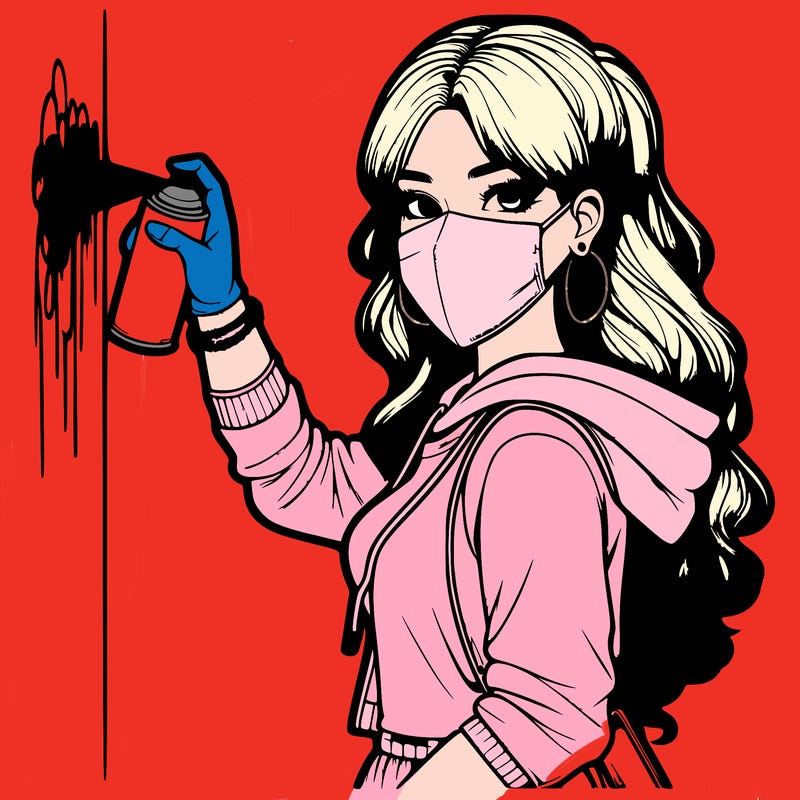 realistic girl with mask spray painting a wall