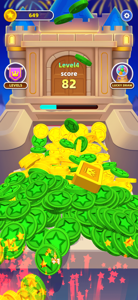 Dozer Night - Lucky Magic - Gameplay of Dozer Night Lucky Magic featuring green and gold coins on a castle themed pusher.