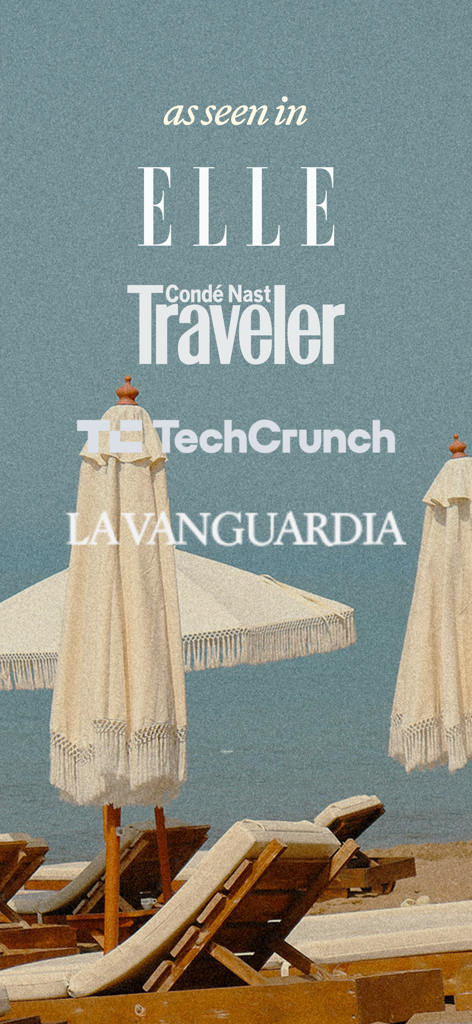 Les Amis: Connecting Women - Les AmisアプリがElleやTechCrunchなどの出版物に掲載されている様子。高級ビーチの背景。