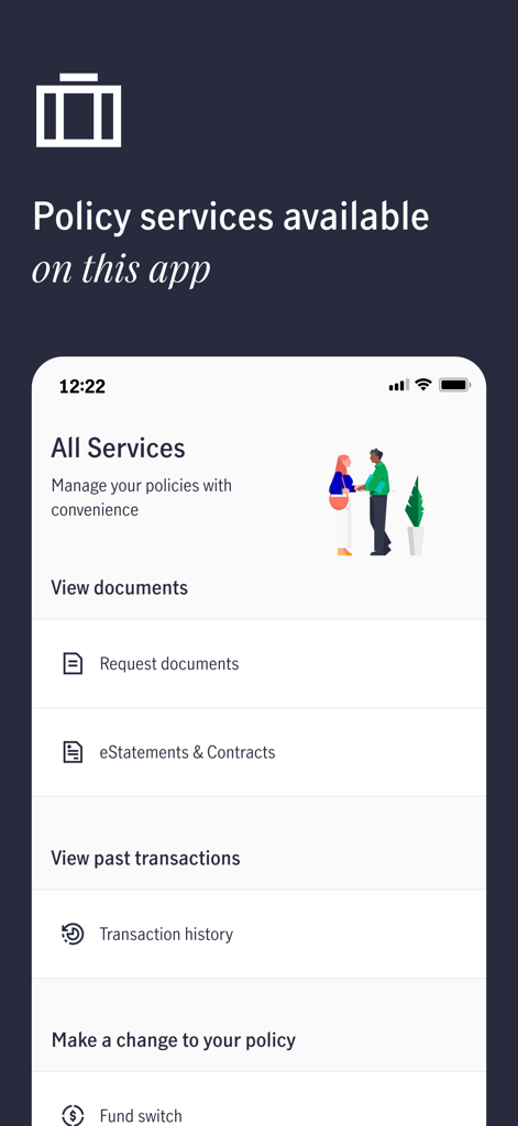 List of policy management services in the Manulife Singapore mobile app interface