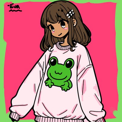 girl wearing frogging sweatshirt