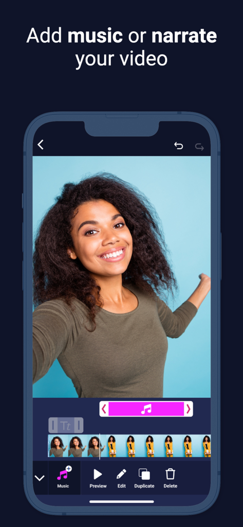Interfaz del editor de video ScreenPal con opciones para añadir música y narración