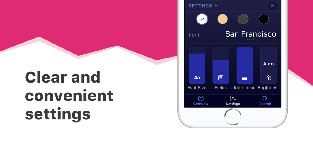 Interface of eBoox app displaying font size and background color settings