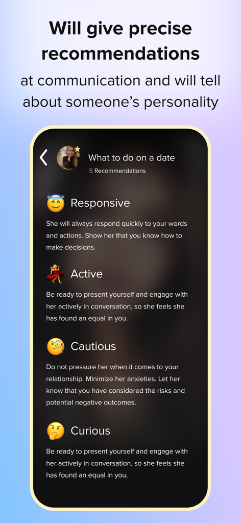 Screenshot of Merlin Dating app displaying AI personalized dating tips and personality analysis for a potential match.