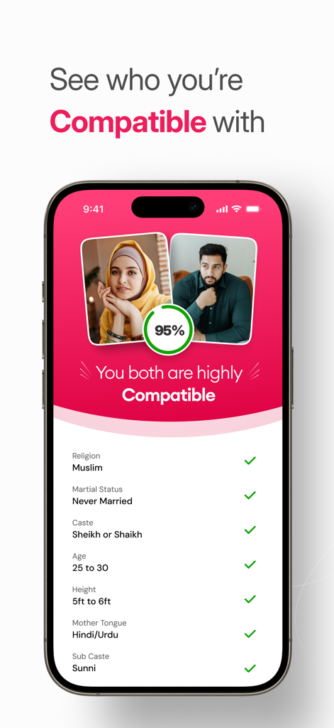 NikahForever Muslim Matrimony - NikahForever app screen showing a 95 percent compatibility match between two Muslim profiles based on religious and lifestyle criteria.