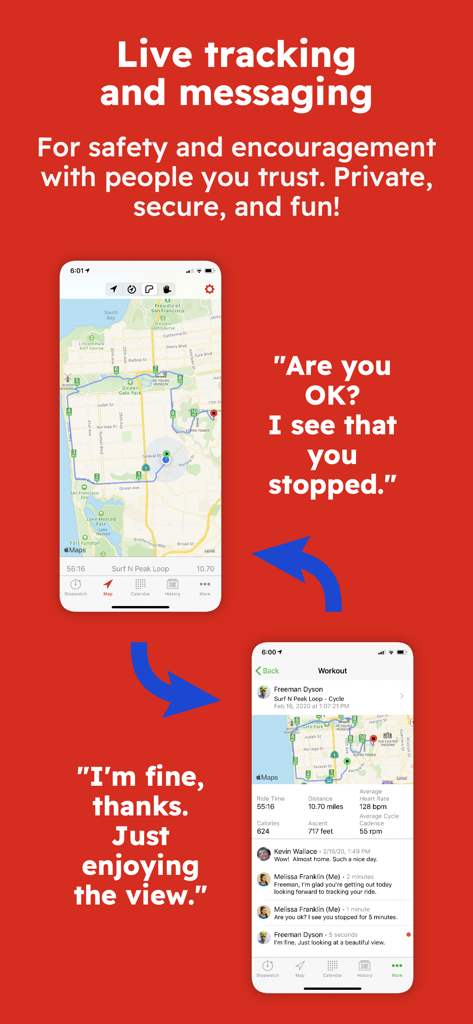Interfaz de la aplicación Runmeter que muestra un mapa de seguimiento en vivo y funciones de mensajería de seguridad