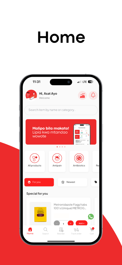 Dawa Mkononi - Pantalla de inicio de la aplicación de compras farmacéuticas Dawa Mkononi que muestra categorías de medicamentos y búsqueda de productos.