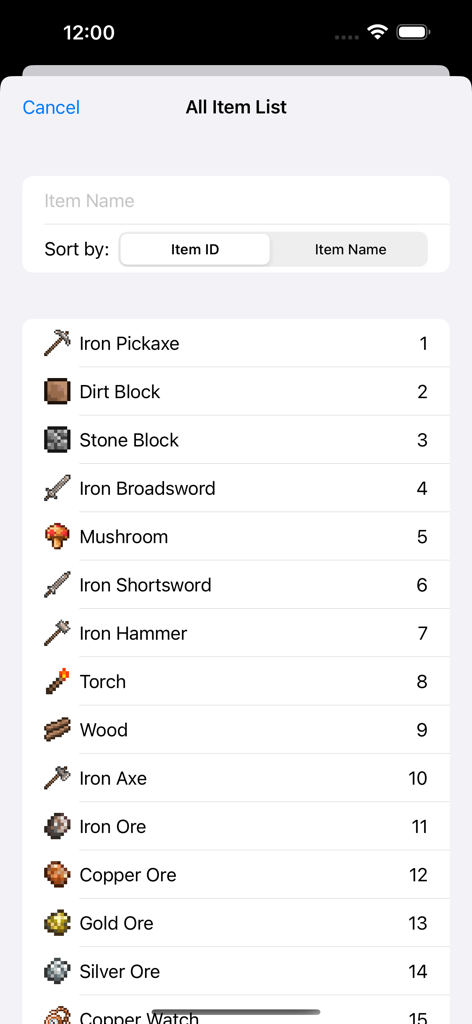 TR Save Editor - TR Save Editor app showing a list of Terraria items with their IDs