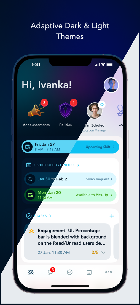 Woven app dashboard showing the adaptive dark and light themes for workforce management