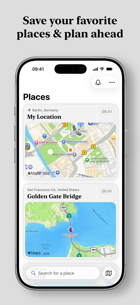 iPhone screen showing saved locations and map views in the Helios golden hour forecast app