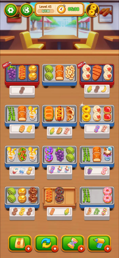 In-game screenshot of Grill Sort showing various food items on trays for a sorting puzzle.