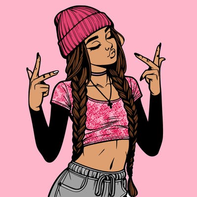 realistic teenage girl with braids and a beanie and crop top doing 🫶🏼