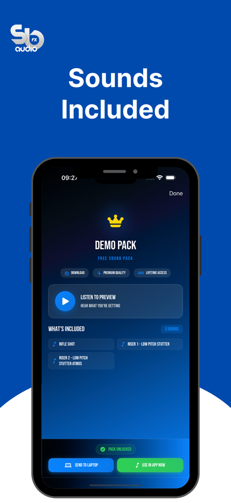 SB AUDIO FX - SB AUDIO FX App-Oberfläche zeigt eine Liste der enthaltenen DJ-Sounds und Soundeffekt-Packs