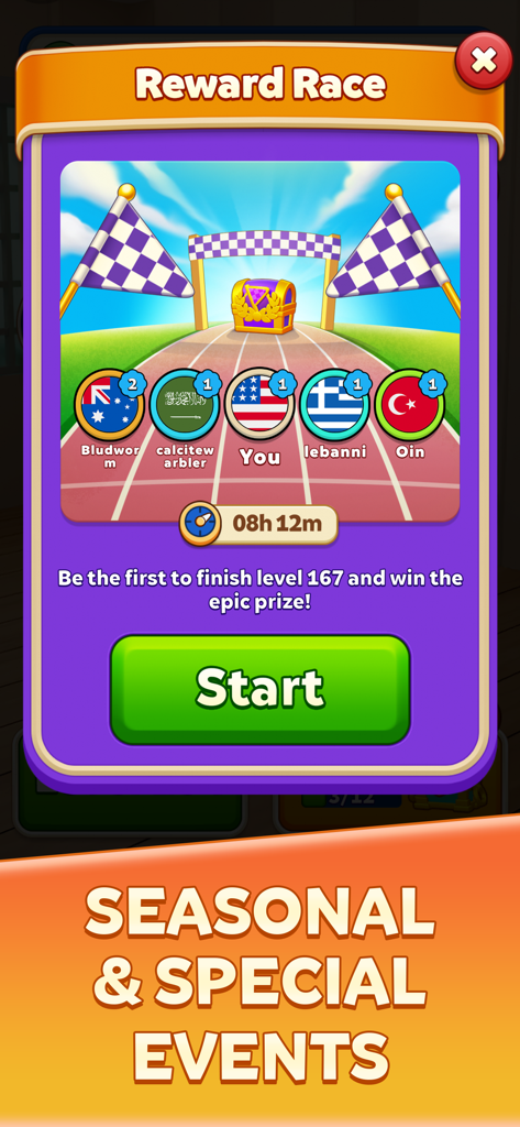 Collect Em All game Reward Race screen showing special events and global leaderboard competition