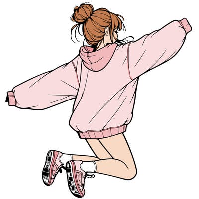 realistic girl jumping with a bun and oversized sweatshirt