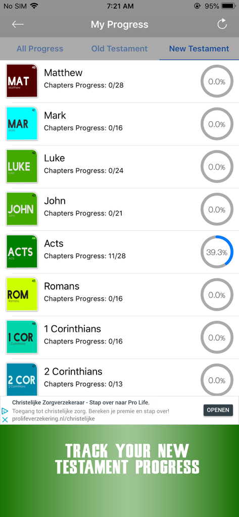 John Gill Expositions Bible - New Testament reading progress tracker showing completion percentages for various Bible books