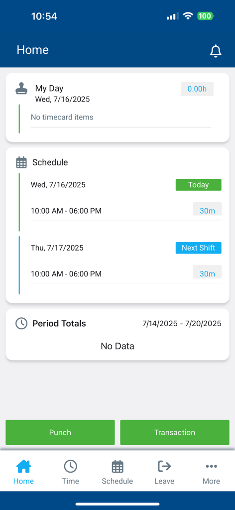 Panel de la aplicación Humanity Time que muestra el horario de trabajo y los botones de registro de entrada móvil