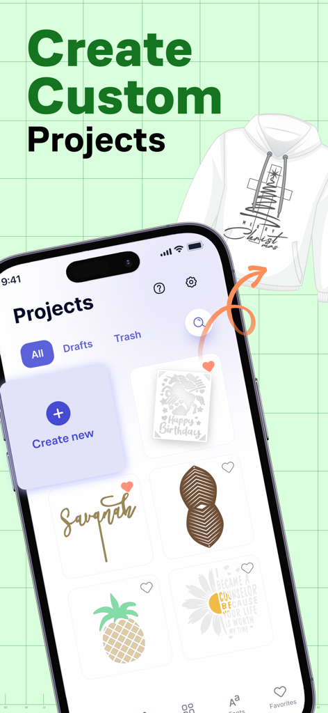 Cutting Studio - Smartphone screen showing the Cutting Studio app interface with various craft project designs and a custom printed hoodie.