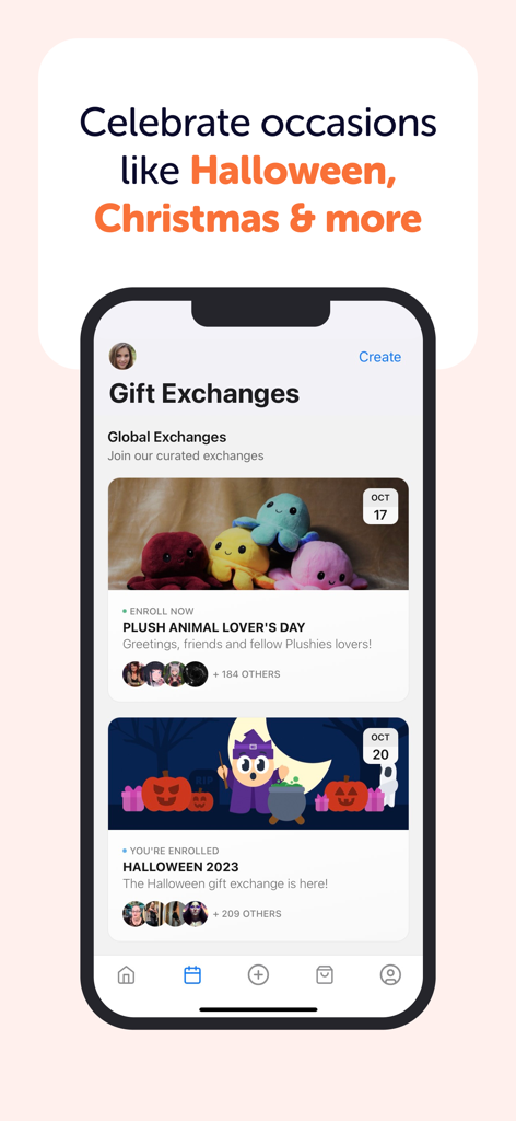 The Throne Exchange app interface showing a list of global gift exchanges including Halloween and Plush Animal Lovers Day