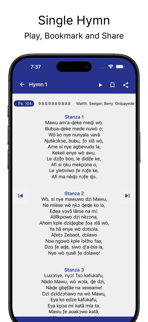 Screenshot of the E.P.C. Ewe Hymnal app showing lyrics for a single hymn with playback and share controls