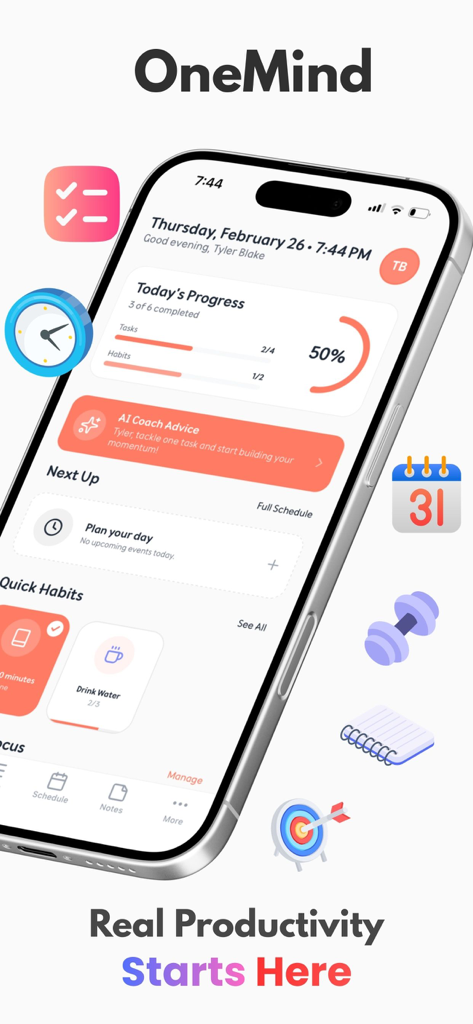 Smartphone exibindo a interface do aplicativo OneMind com progresso de produtividade e sugestões do coach de IA