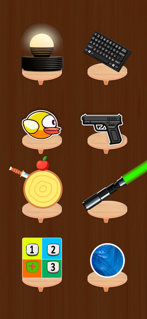 Relaxing Antistress popit Game - Una selección de minijuegos relajantes que incluyen un pop it de teclado y juguetes sensoriales mostrados en soportes de madera