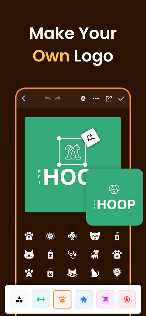 Interfaz de la aplicación Logo Maker mostrando un proyecto de diseño de logo de marca de mascotas con varios íconos de animales