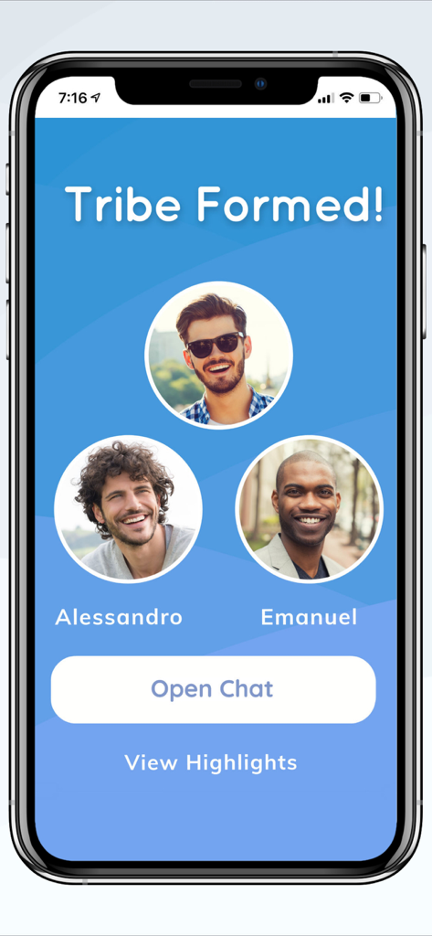 We3: Meet New People in Groups - Interface of the We3 app showing three matched friends in a tribe with an Open Chat button.