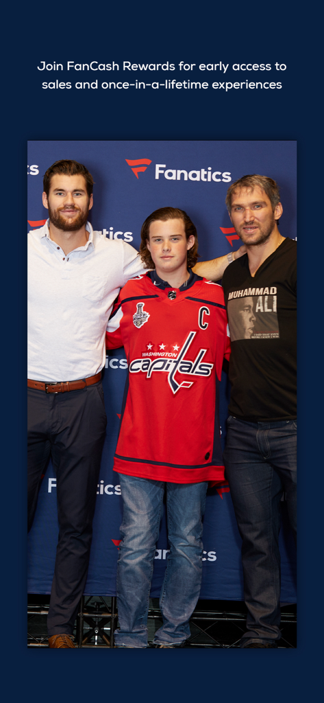 Fanatics NHL Shop - Fanatics NHL Shop App-Bildschirm wirbt für FanCash Rewards mit einem Fan und Washington Capitals Spielern