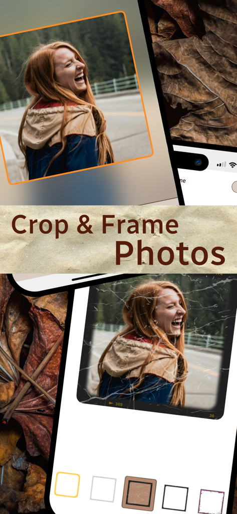 Una vista previa de las funciones de edición de fotos de recorte y marco dentro de la aplicación Photo Widget que muestra diferentes estilos de bordes estéticos