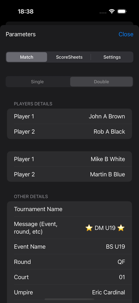 Interface of the ServiceOver app showing the match parameters setup screen for a badminton tournament including player names and event details