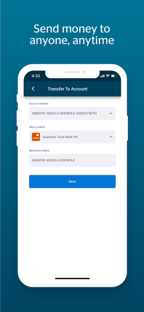 Quickteller -Payments & Wallet - Quickteller mobile app screen showing the Transfer To Account interface for sending money to a bank account.