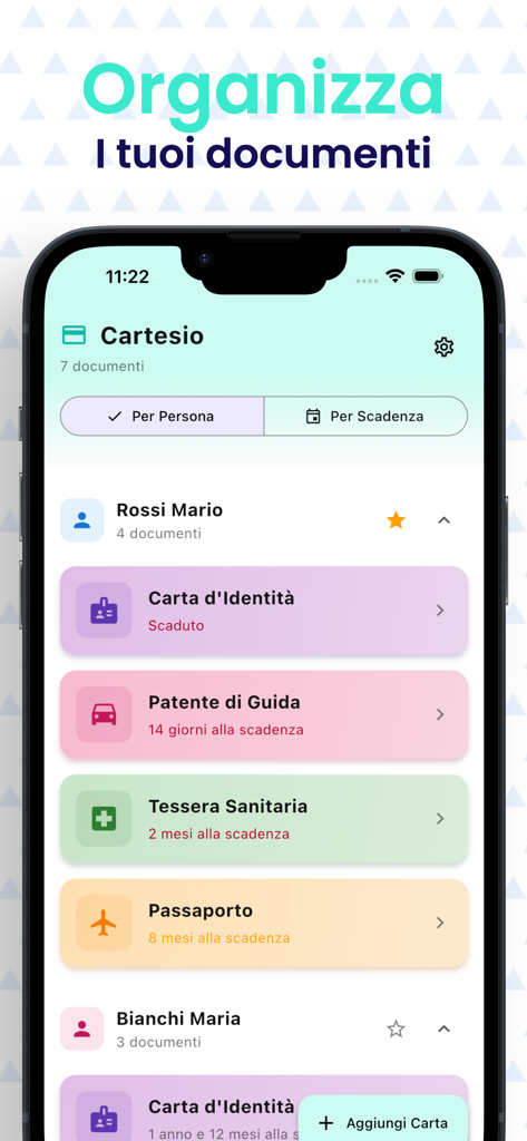 Cartesio: documenti importanti - Pantalla de la aplicación móvil que muestra documentos personales organizados como tarjetas de identificación y pasaportes con estado y alertas de caducidad