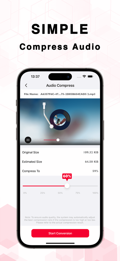 OcenAudio - Audio Editor Pro - OcenAudio app screen for compressing audio files with a size adjustment slider