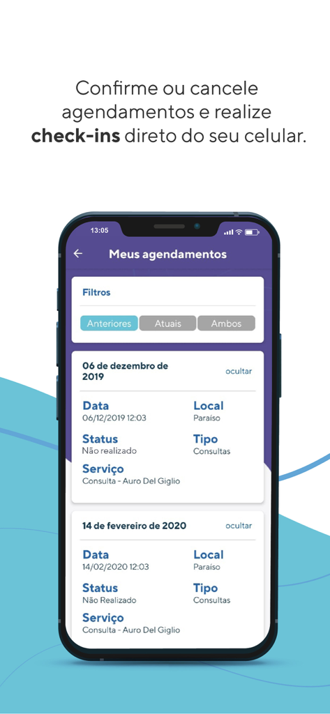 Hcor - Hcor mobile app interface showing a list of medical appointments with dates and statuses