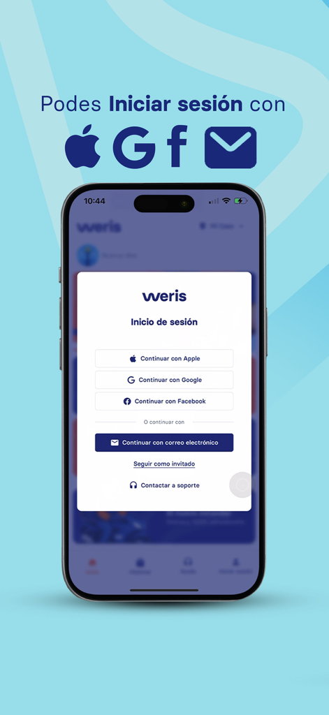 Weris app login screen with social media and email sign in options