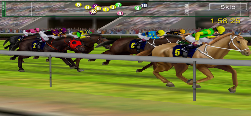 iHorse™ Betting app - Un grupo de jinetes compitiendo con caballos en una pista 3D en la simulación de la app móvil iHorse Betting.