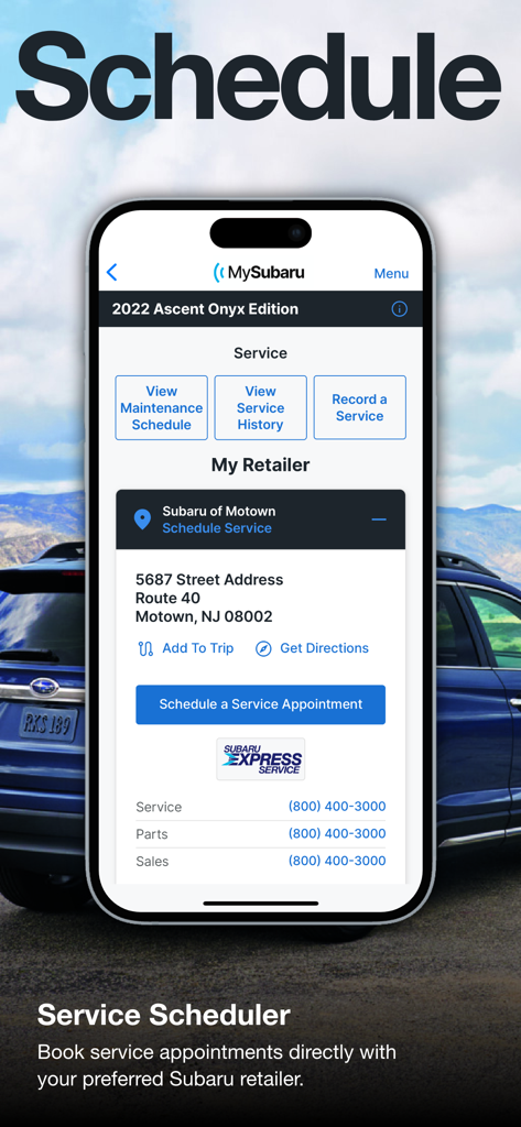 Interface of the MySubaru app showing the service scheduler and maintenance history options for a 2022 Ascent Onyx Edition.