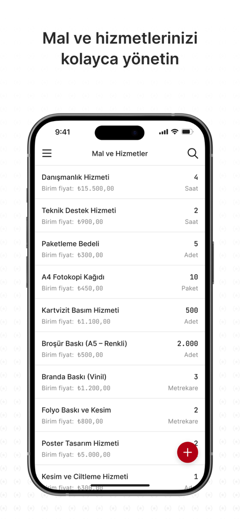 e-Arşiv Fatura Portal - Screenshot of the Goods and Services management screen in the e-Arşiv Fatura Portal app showing a list of items and prices