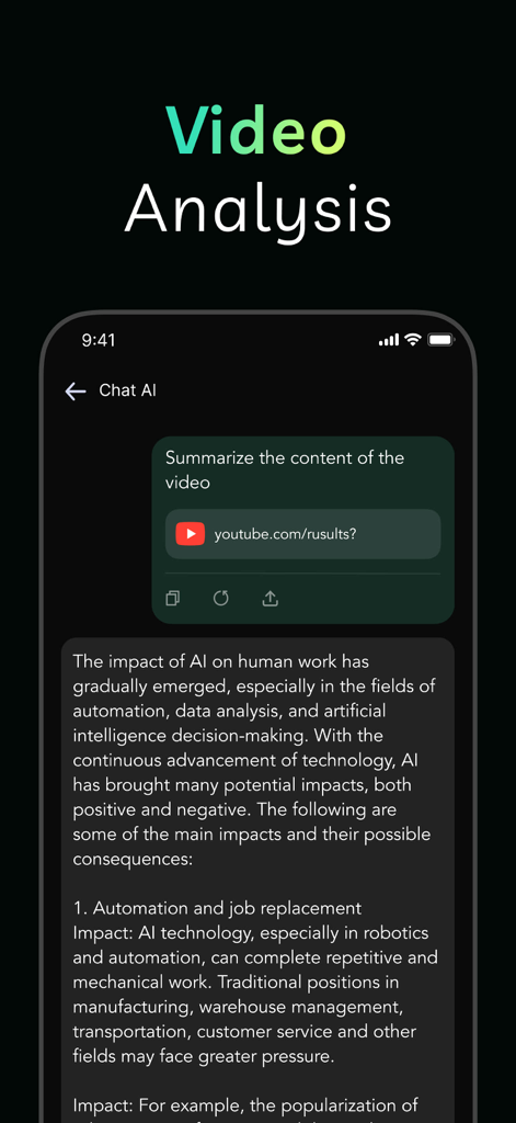 Deep AI Chat app interface showing a detailed summary of a YouTube video link