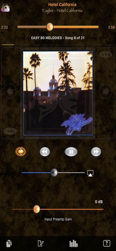 HD Music Parametric Equalizer - Music player interface showing the song Hotel California with playback controls and preamp gain settings