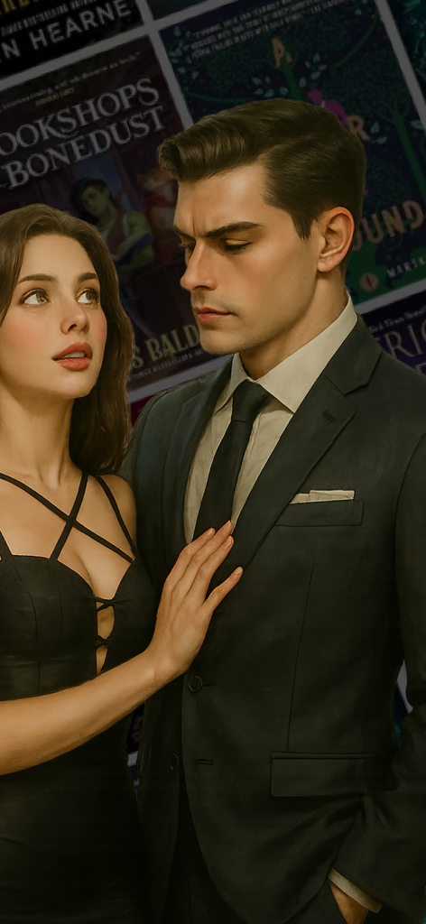 NovelNest-Novel & Love Stories - A man in a business suit and a woman in a black dress in a romantic pose for a webnovel cover.