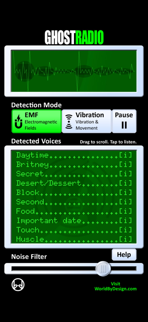 GhostRadio - Schermata dell'app GhostRadio che mostra la modalità di rilevamento EMF con forma d'onda del segnale e un elenco di voci rilevate