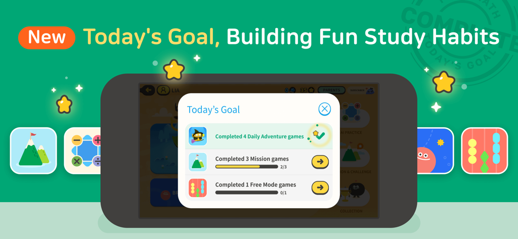 Todo Math - Todo Math 앱 인터페이스는 아이들을 위한 일일 수학 임무가 있는 오늘의 목표 기능을 보여줍니다.