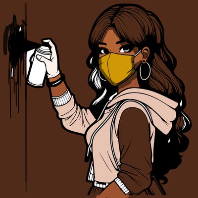 realistic girl with mask spray painting a wall