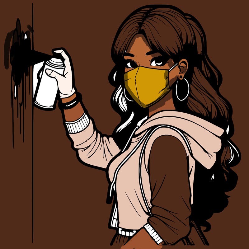 realistic girl with mask spray painting a wall