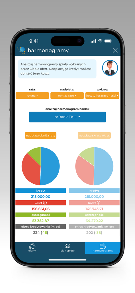 CreditSpace - CreditSpace mobile app interface showing a comparison between lowering monthly installments versus shortening the loan term through prepayments.