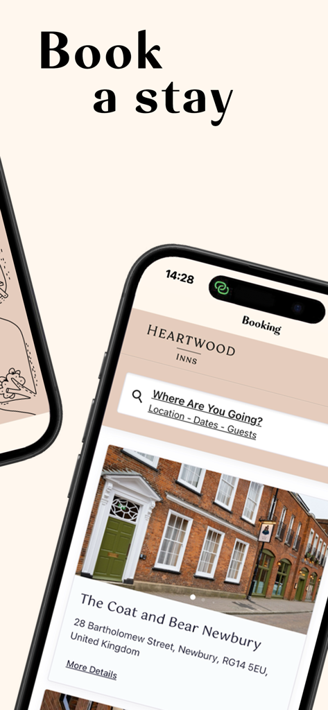 Heartwood Inns mobile app screen showing options to book a stay at a boutique inn.