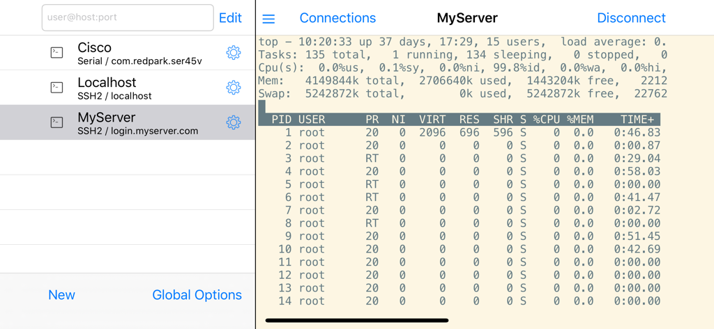 SecureCRT - SecureCRT app interface on iPad showing server connections and a terminal process monitor